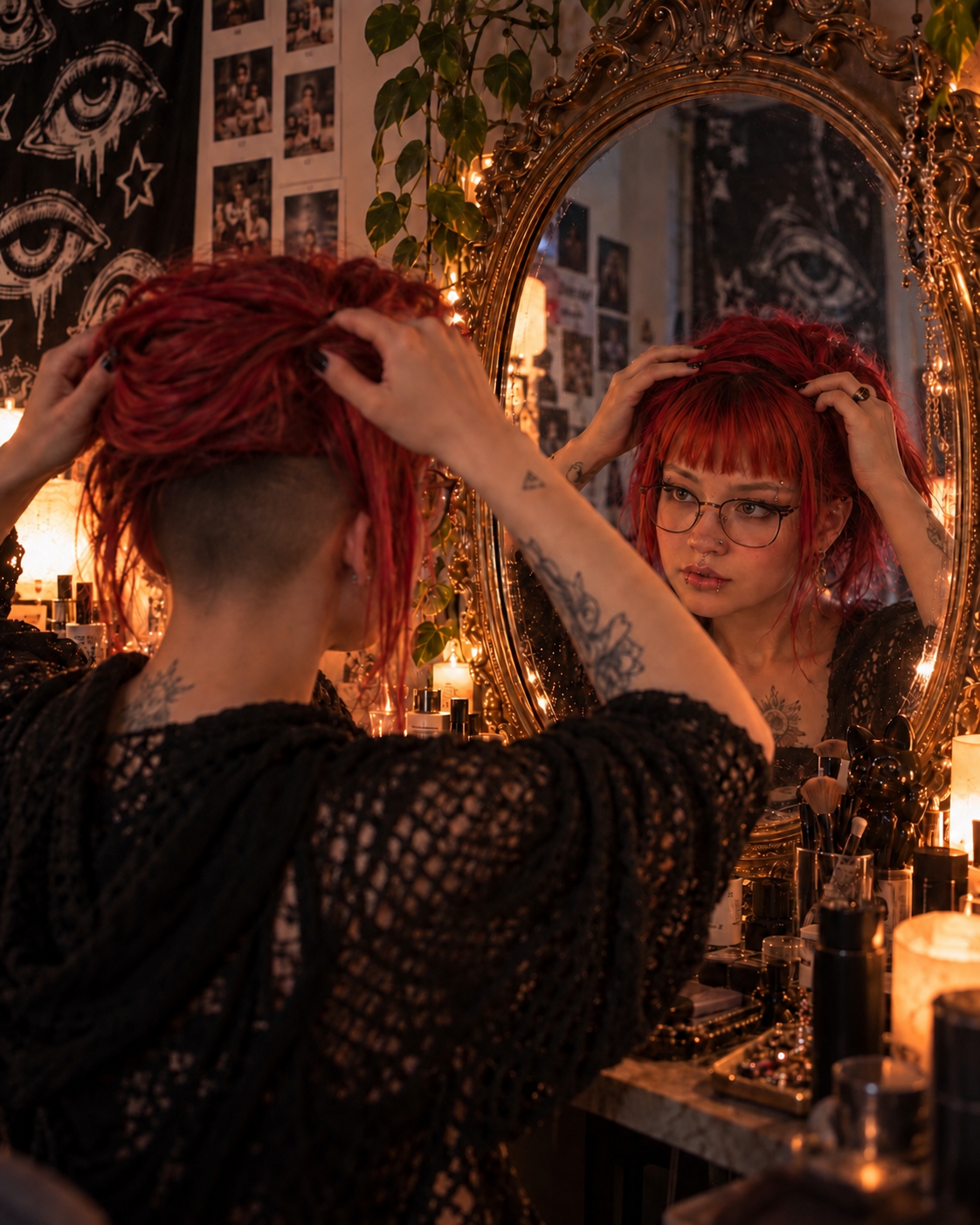 Amara adjusting a red wig at an ornate mirror
